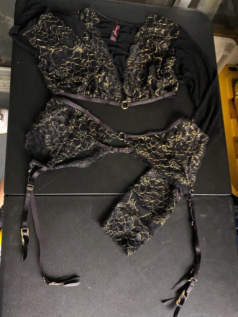 Dreamgirl Black and Gold Lace mesh top and matching Garter